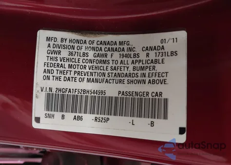 2011 Honda Civic Lx z USA, uszkodzony, nr VIN 2HGFA1F52BH544595